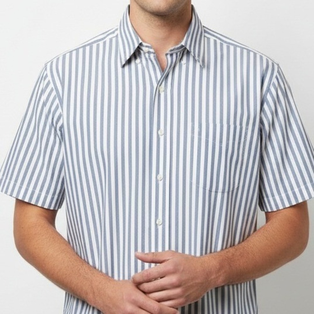 Lands' End Mens LT Tall Blue White Stripe Short Sleeve Button‎ Down Shirt